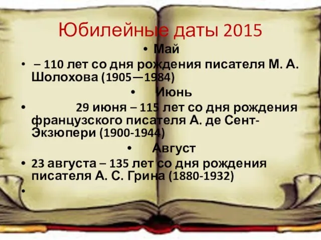 Юбилейные даты 2015 Май – 110 лет со дня рождения писателя М.