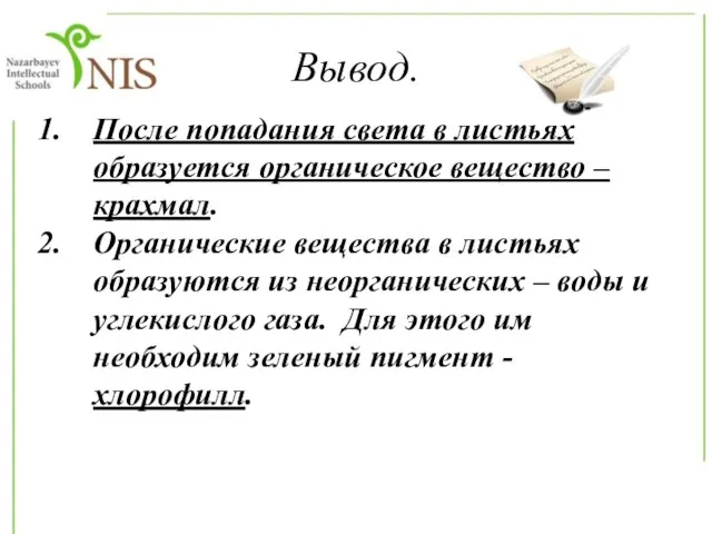 Вывод. После попадания света в листьях образуется органическое вещество – крахмал. Органические