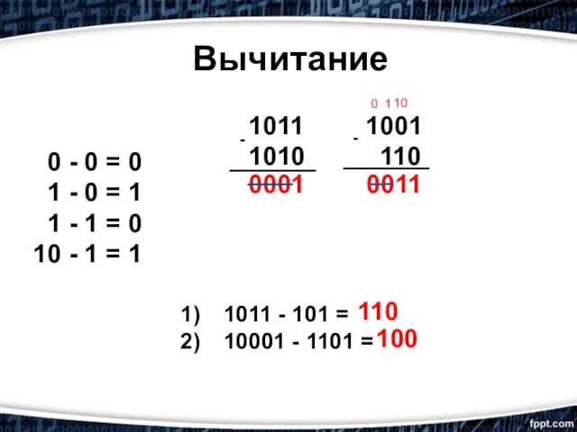 0 1 Вычитание 0 - 0 = 0 1 - 0 =