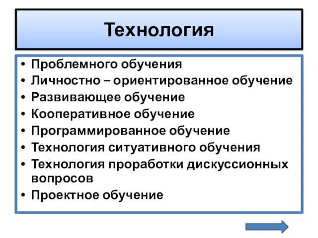 Технология Проблемного обучения Личностно – ориентированное обучение Развивающее обучение Кооперативное обучение Программированное