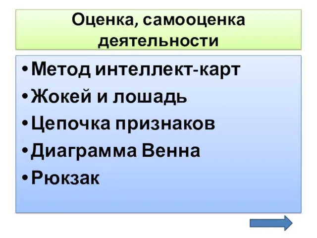 Оценка, самооценка деятельности Метод интеллект-карт Жокей и лошадь Цепочка признаков Диаграмма Венна Рюкзак