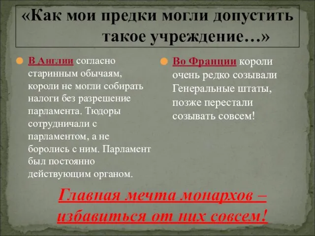 «Как мои предки могли допустить такое учреждение…» В Англии согласно старинным обычаям,