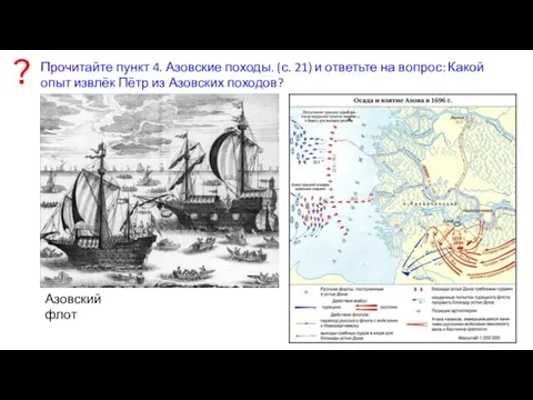 Азовский флот Прочитайте пункт 4. Азовские походы. (с. 21) и ответьте на