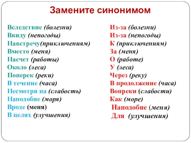 Замените синонимом Вследствие (болезни) Ввиду (непогоды) Навстречу(приключениям) Вместо (меня) Насчет (работы) Около