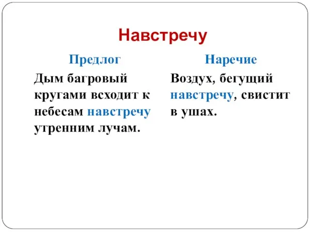 Навстречу Предлог Дым багровый кругами всходит к небесам навстречу утренним лучам. Наречие