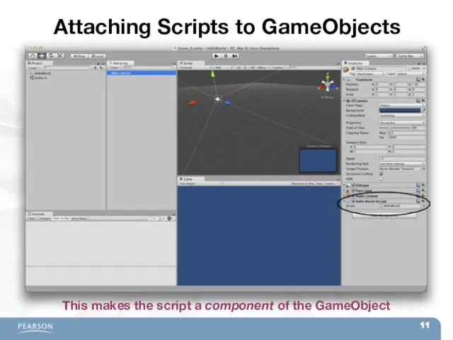 Attaching Scripts to GameObjects This makes the script a component of the GameObject