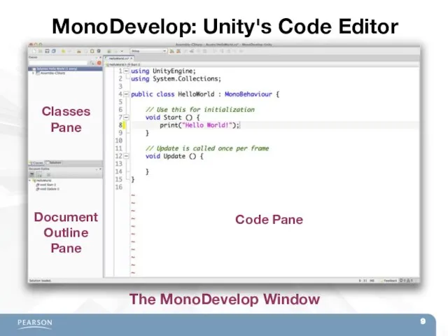 MonoDevelop: Unity's Code Editor The MonoDevelop Window Code Pane Classes Pane Document Outline Pane