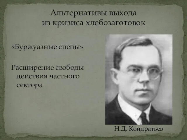 Альтернативы выхода из кризиса хлебозаготовок «Буржуазные спецы» Расширение свободы действия частного сектора Н.Д. Кондратьев