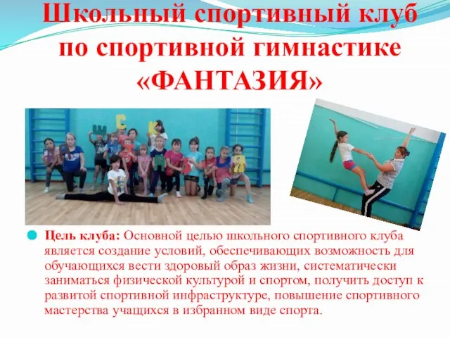 Школьный спортивный клуб по спортивной гимнастике «ФАНТАЗИЯ» Цель клуба: Основной целью школьного