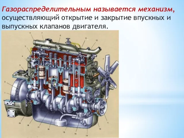 Газораспределительным называется механизм, осуществляющий открытие и закрытие впускных и выпускных клапанов двигателя.