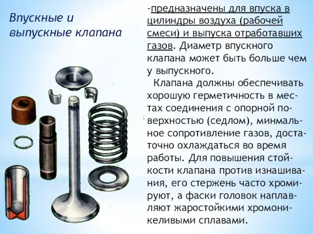 -предназначены для впуска в цилиндры воздуха (рабочей смеси) и выпуска отработавших газов.