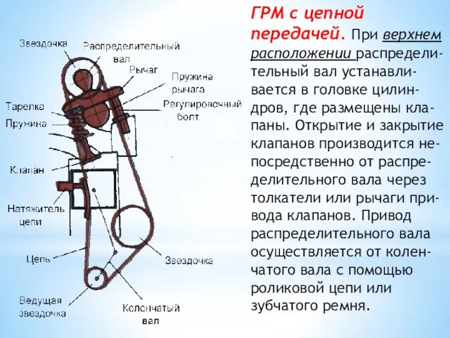 ГРМ с цепной передачей. При верхнем расположении распредели-тельный вал устанавли-вается в головке