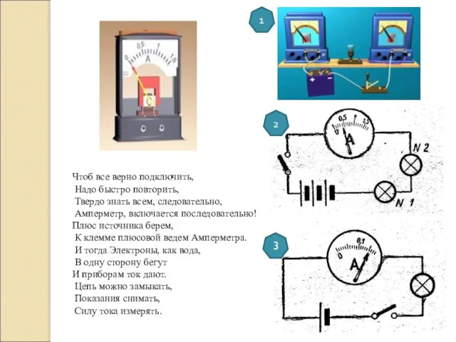 Чтоб все верно подключить, Надо быстро повторить, Твердо знать всем, следовательно, Амперметр,