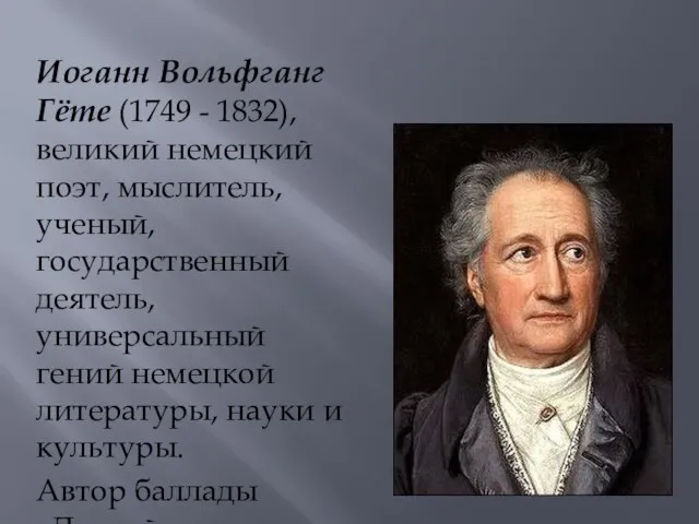 Иоганн Вольфганг Гёте (1749 - 1832), великий немецкий поэт, мыслитель, ученый, государственный