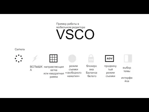 VSCO Camera ВСПЫШКА направляющая сетка или квадратная рамка режим съемки «свободного нажатия»