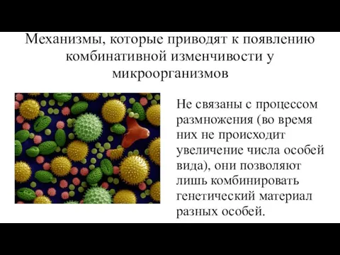 Механизмы, которые приводят к появлению комбинативной изменчивости у микроорганизмов Не связаны с