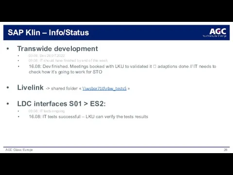 SAP Klin – Info/Status Transwide development 03.08: Dev 26.07.2022 09.08: IT should