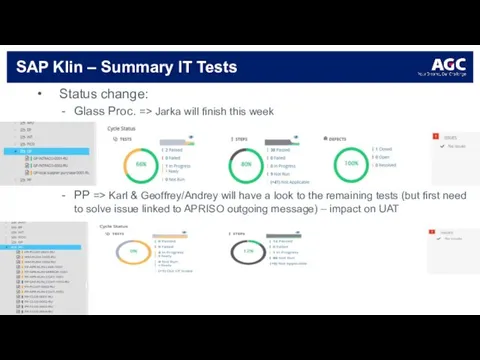 SAP Klin – Summary IT Tests Status change: Glass Proc. => Jarka