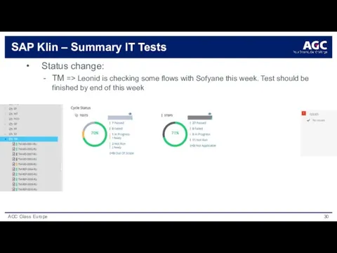 SAP Klin – Summary IT Tests Status change: TM => Leonid is