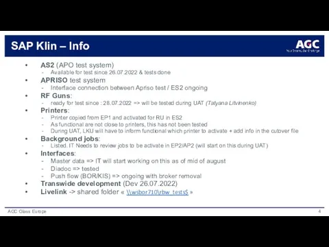 SAP Klin – Info AS2 (APO test system) Available for test since