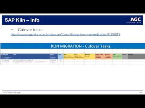 SAP Klin – Info Cutover tasks: https://csprod.agcintranet.eu/otcs/cs.exe?func=ll&objaction=overview&objid=111951673