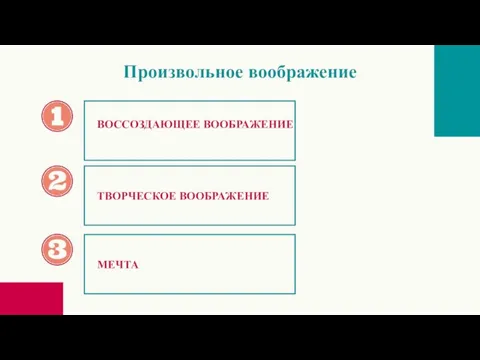 Произвольное воображение ВОССОЗДАЮЩЕЕ ВООБРАЖЕНИЕ ТВОРЧЕСКОЕ ВООБРАЖЕНИЕ МЕЧТА