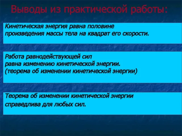 Выводы из практической работы: Работа равнодействующей сил равна изменению кинетической энергии. (теорема