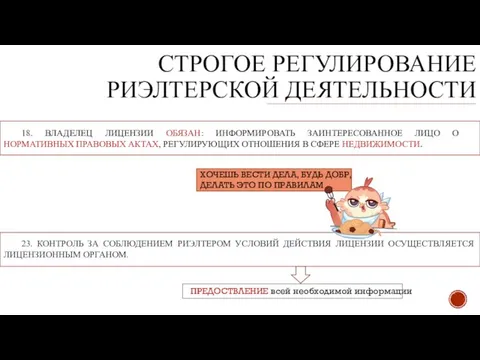 СТРОГОЕ РЕГУЛИРОВАНИЕ РИЭЛТЕРСКОЙ ДЕЯТЕЛЬНОСТИ 23. КОНТРОЛЬ ЗА СОБЛЮДЕНИЕМ РИЭЛТЕРОМ УСЛОВИЙ ДЕЙСТВИЯ ЛИЦЕНЗИИ