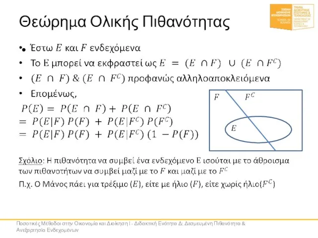 Θεώρημα Ολικής Πιθανότητας Ποσοτικές Μέθοδοι στην Οικονομία και Διοίκηση Ι - Διδακτική