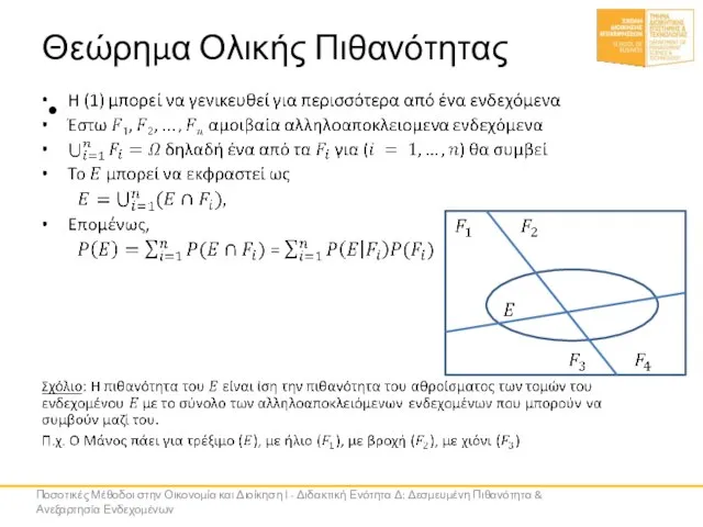 Θεώρημα Ολικής Πιθανότητας Ποσοτικές Μέθοδοι στην Οικονομία και Διοίκηση Ι - Διδακτική