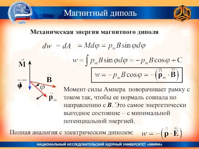 Магнитный диполь Механическая энергия магнитного диполя dw = dA Момент силы Ампера