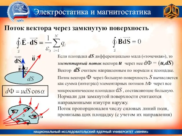 Электростатика и магнитостатика Поток вектора через замкнутую поверхность Если площадка dS дифференциально