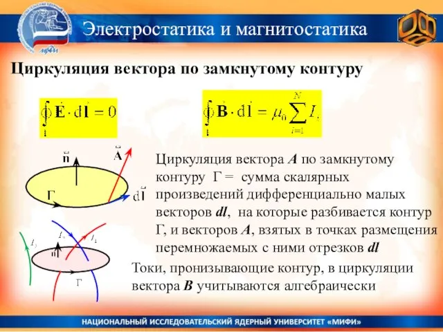 Электростатика и магнитостатика Циркуляция вектора по замкнутому контуру Циркуляция вектора А по