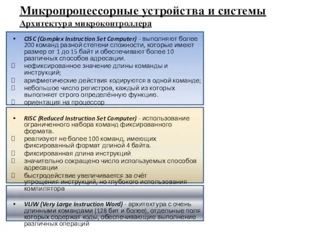 Микропроцессорные устройства и системы Архитектура микроконтроллера CISC (Complex Instruction Set Computer) -