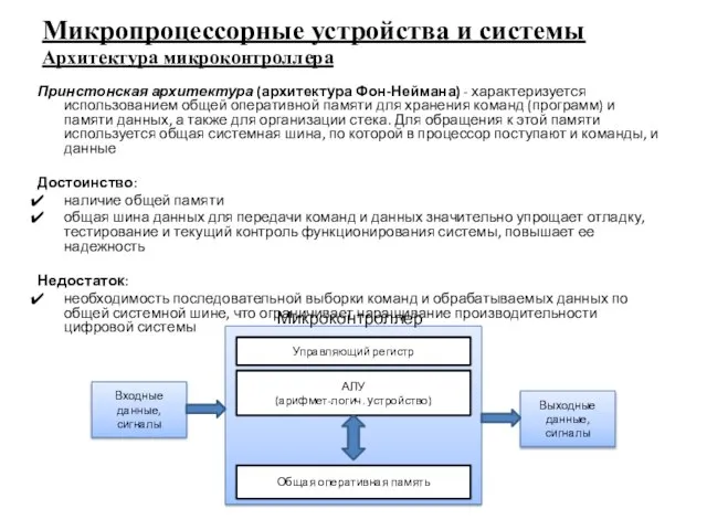 Принстонская архитектура (архитектура Фон-Неймана) - характеризуется использованием общей оперативной памяти для хранения