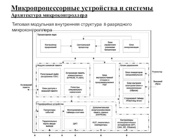 Типовая модульная внутренняя структура 8-разрядного микроконтроллера Микропроцессорные устройства и системы Архитектура микроконтроллера