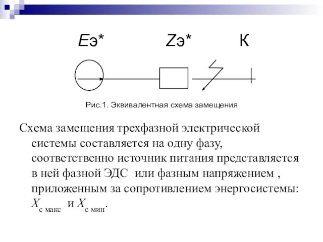 Eэ* Zэ* К Схема замещения трехфазной электрической системы составляется на одну фазу,