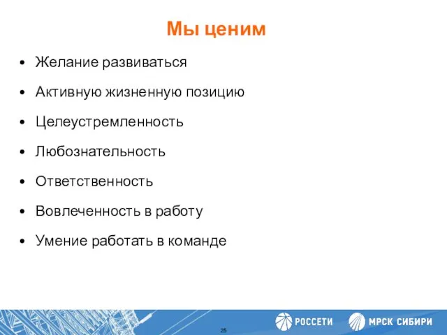 Мы ценим Повышение производительности труда Желание развиваться Активную жизненную позицию Целеустремленность Любознательность