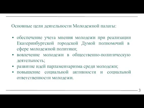 3 Основные цели деятельности Молодежной палаты: обеспечение учета мнения молодежи при реализации