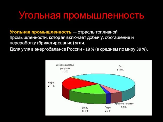 Угольная промышленность Угольная промышленность — отрасль топливной промышленности, которая включает добычу, обогащение