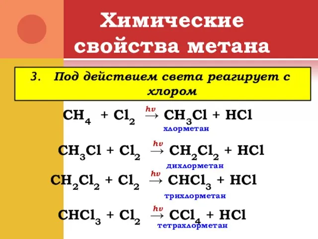 Химические свойства метана Под действием света реагирует с хлором CH4 + Cl2