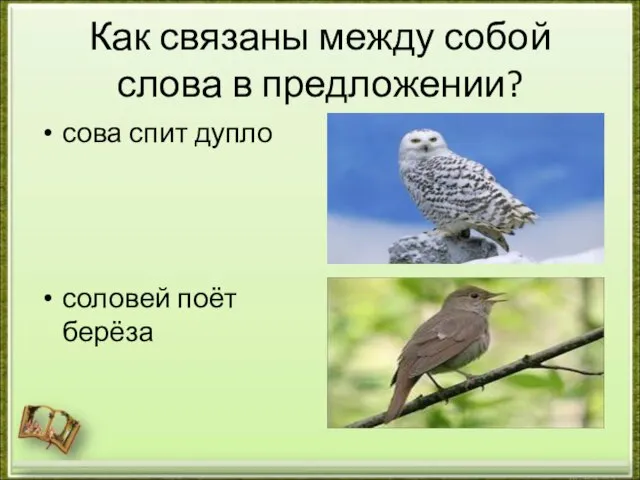 Как связаны между собой слова в предложении? сова спит дупло соловей поёт берёза