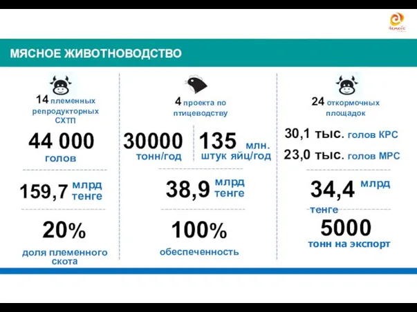 МЯСНОЕ ЖИВОТНОВОДСТВО (18 проекта=11,2 млрд. тенге) 30000 голов 44 000 100% обеспеченность