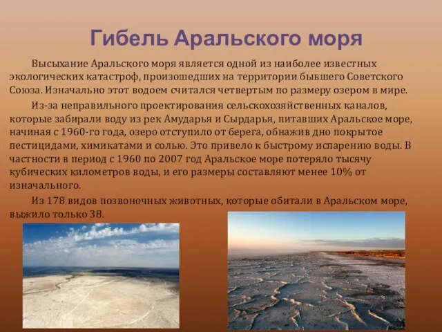 Высыхание Аральского моря является одной из наиболее известных экологических катастроф, произошедших на