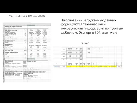 “Technical info” в PDF или WORD “Price “ На основании загруженных данных