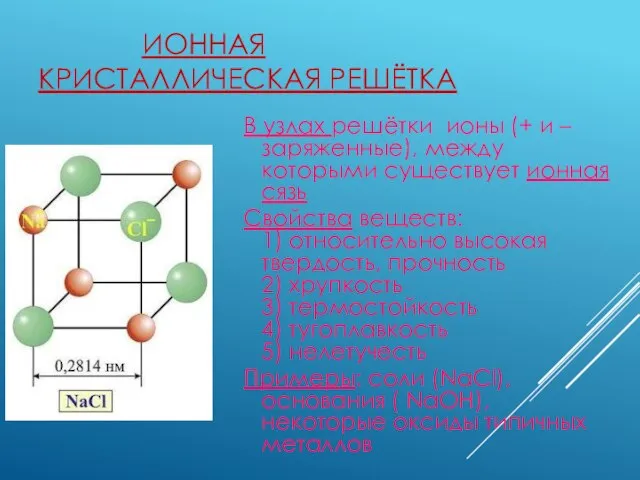 ИОННАЯ КРИСТАЛЛИЧЕСКАЯ РЕШЁТКА В узлах решётки ионы (+ и – заряженные), между