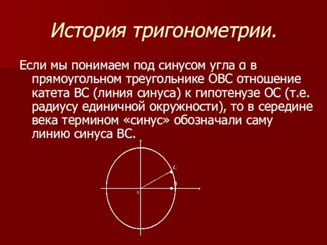 История тригонометрии. Если мы понимаем под синусом угла α в прямоугольном треугольнике