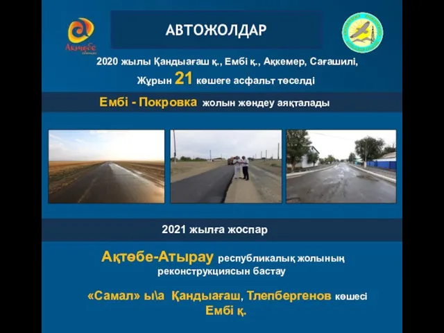 2021 жылға жоспар АВТОДОРОГИ 2020 жылы Қандыағаш қ., Ембі қ., Ақкемер, Сағашилі,