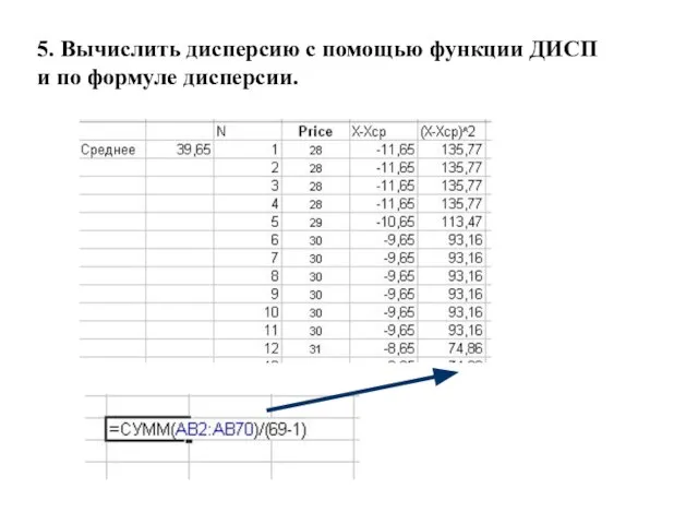 5. Вычислить дисперсию с помощью функции ДИСП и по формуле дисперсии.