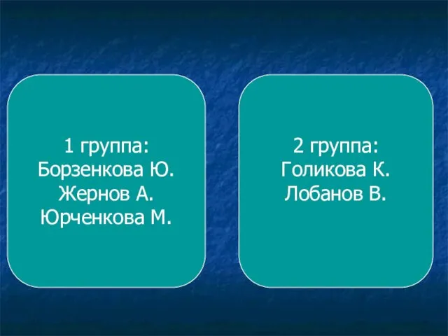 1 группа: Борзенкова Ю. Жернов А. Юрченкова М. 2 группа: Голикова К. Лобанов В.